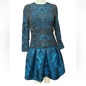 Mary Katrantzou Silk Dress Sz 4 Blue/Brown Floral Frint Lace Details